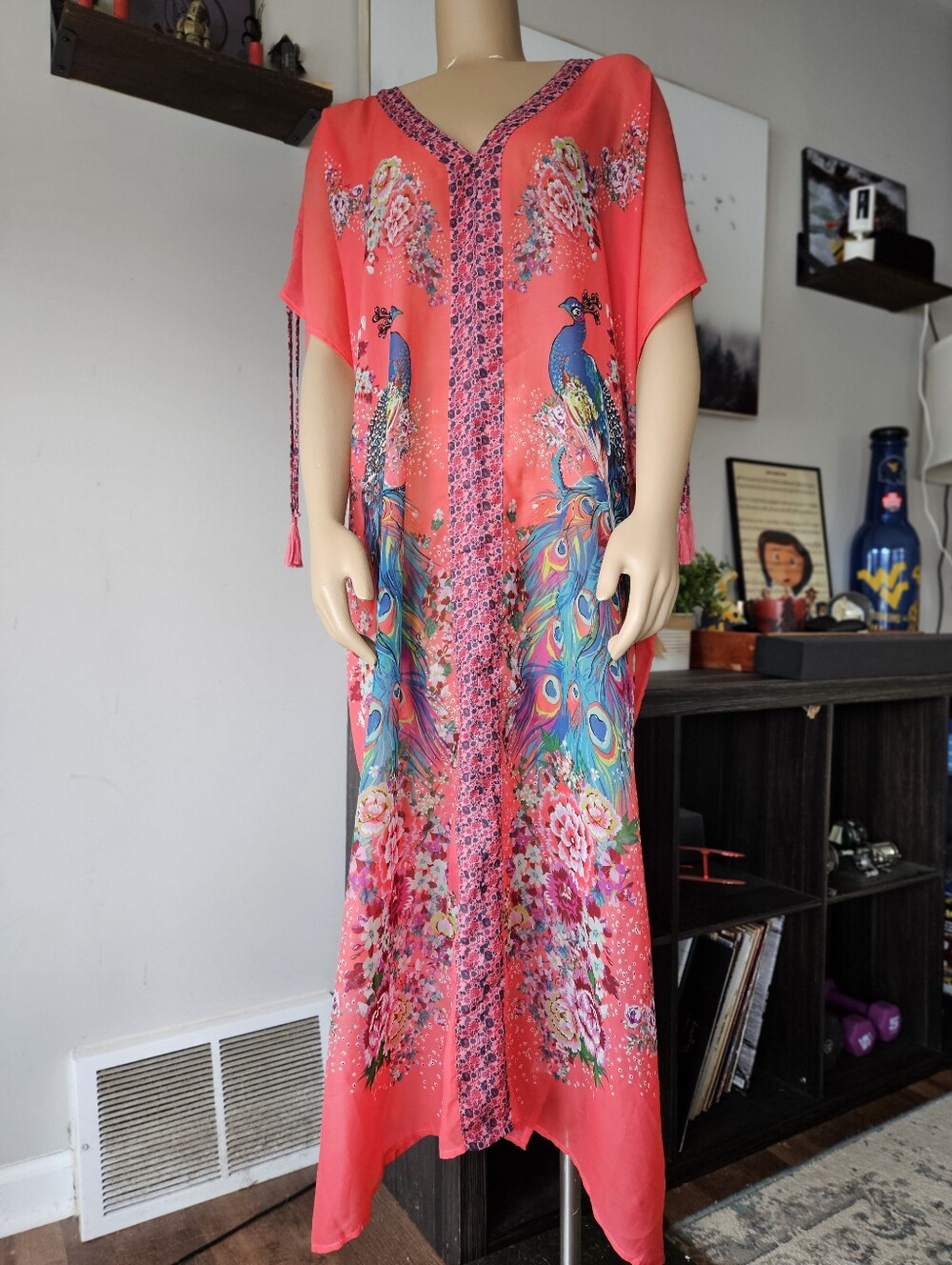 World Market Coral Peacock Floral Print Kimono Bathibg Suit Cover-Up OS resort